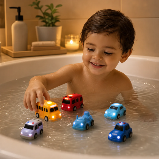Set de carritos luminosos para el baño – Juguetes de baño para bebés activados por el agua