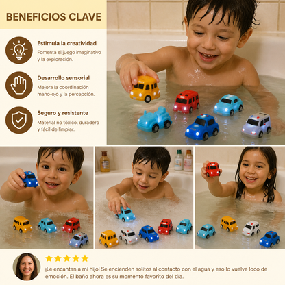 Set de carritos luminosos para el baño – Juguetes de baño para bebés activados por el agua