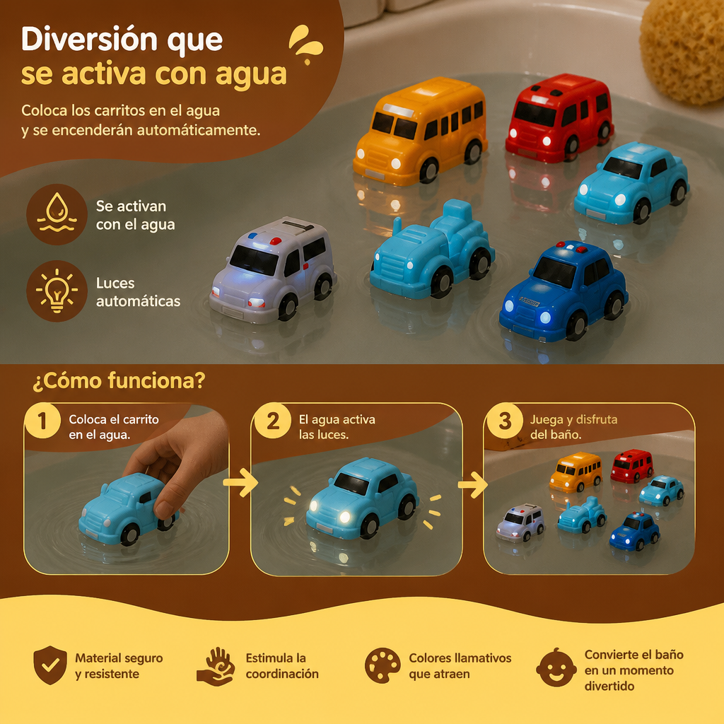 Set de carritos luminosos para el baño – Juguetes de baño para bebés activados por el agua