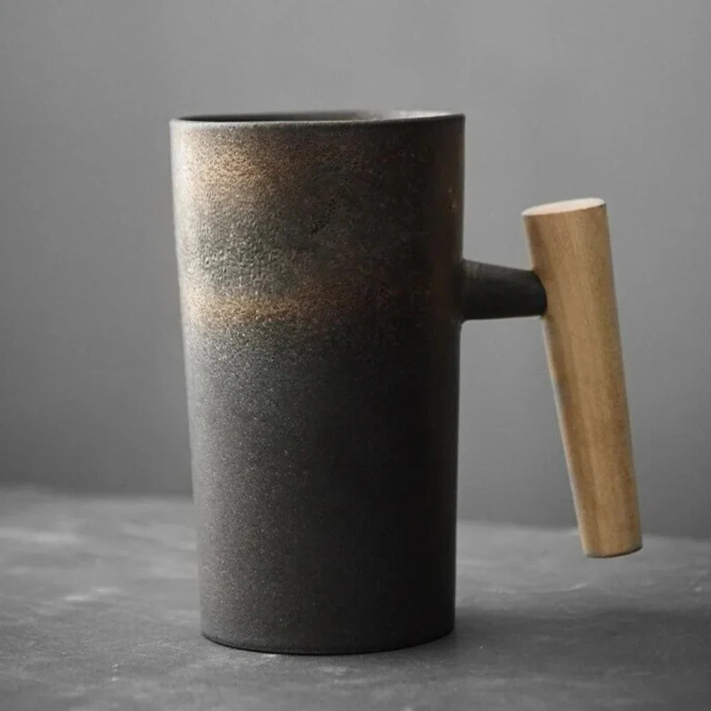 Taza De Diseño Nórdico - Taza De Cerámica Minimalista Con Asa De Madera