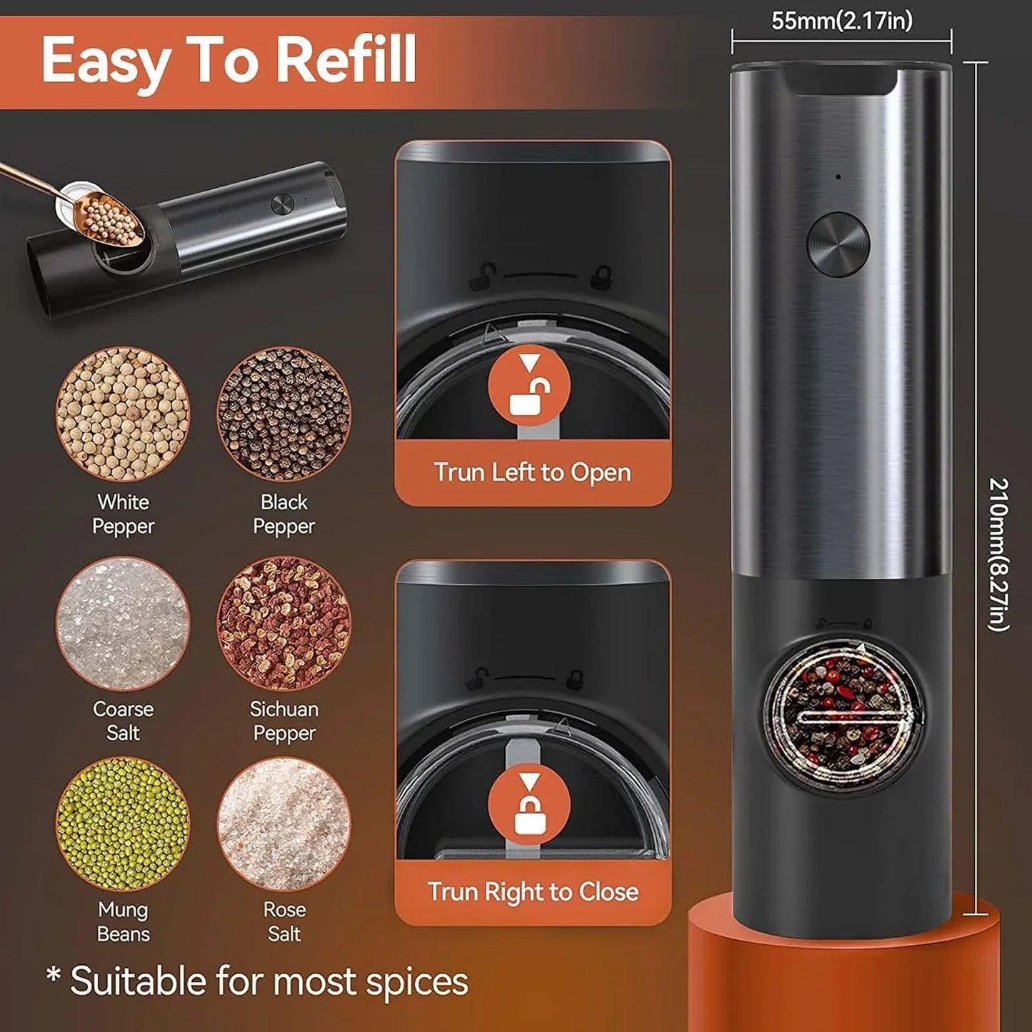 Elegante Molinillo Eléctrico de Sal y Pimienta con Batería Recargable