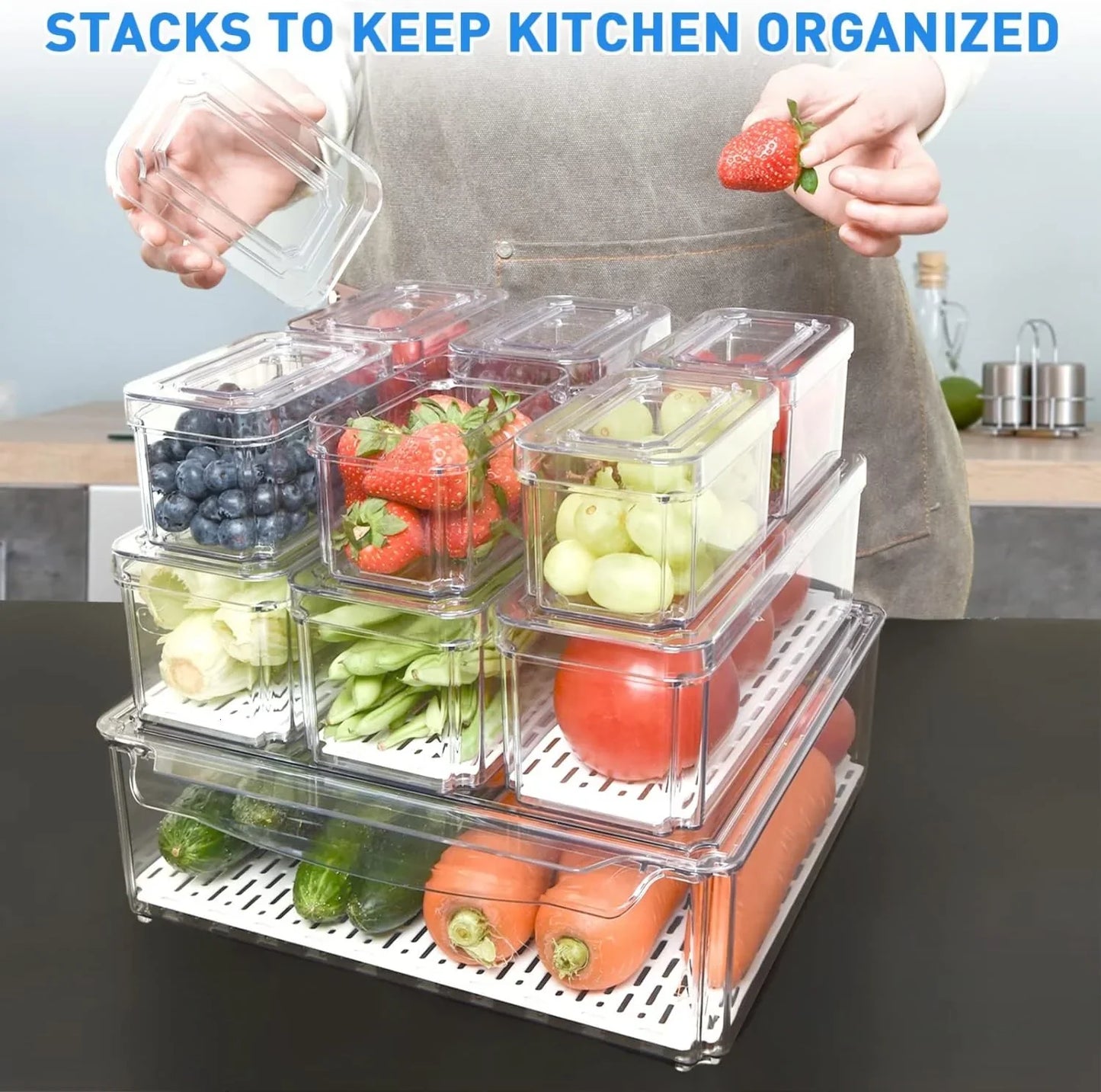 Set de Organizadores Apilables para Frigorífico con 10 Cajas de Almacenaje Cajas de Almacenaje