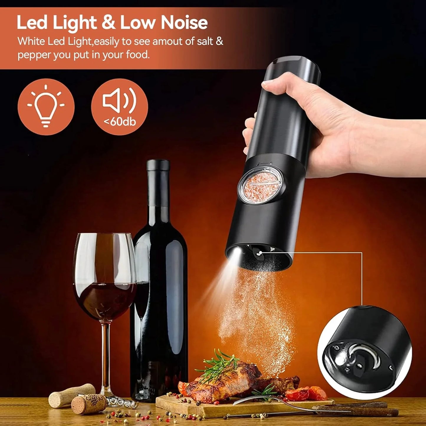 Elegante Molinillo Eléctrico de Sal y Pimienta con Batería Recargable
