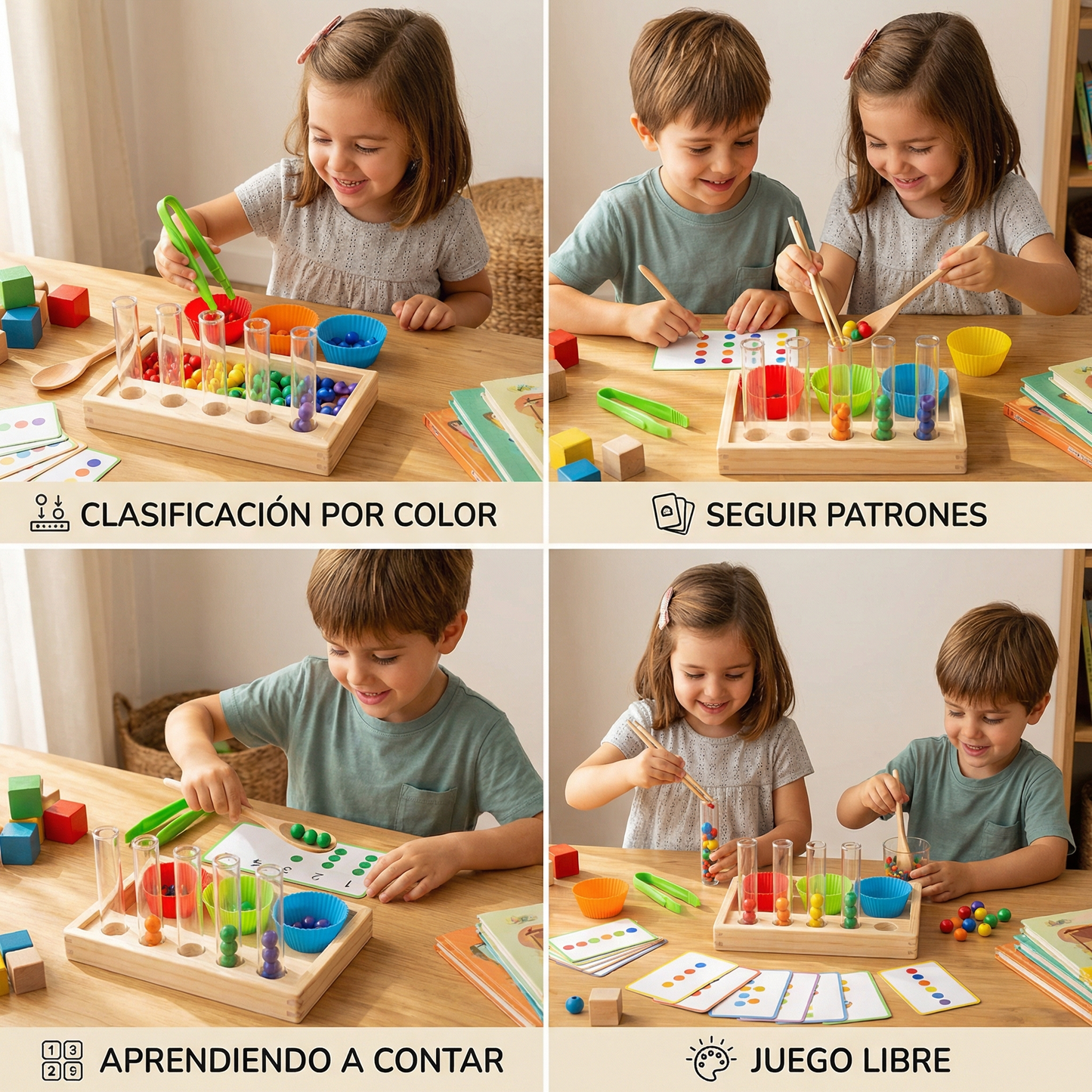 Juego y set de aprendizaje Montessori con tubos de ensayo de colores y números