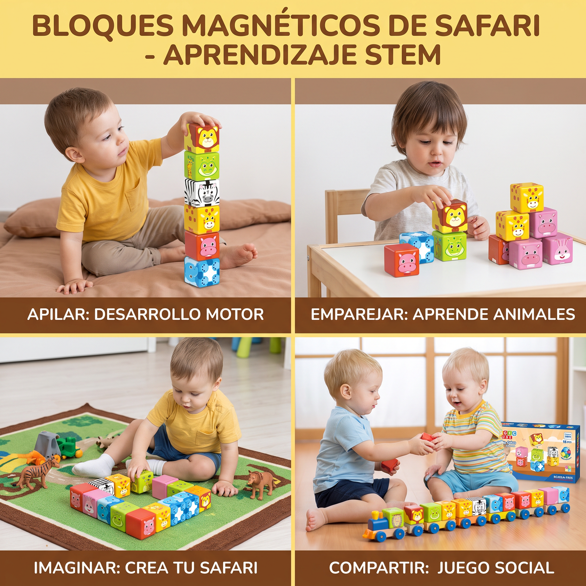Bloques magnéticos de construcción con animales de safari de 4,2 cm seguros para niños pequeños – bloques de aprendizaje STEM