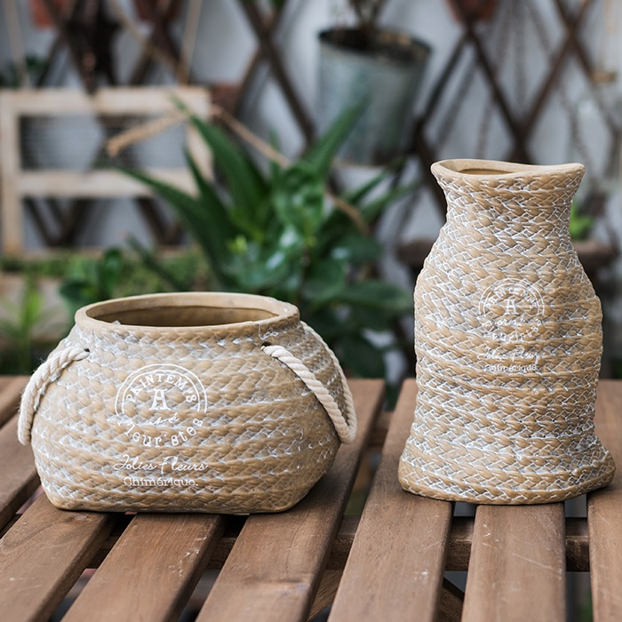 Maceta De Cerámica Para Plantas En Diseño De Bolsa De Cáñamo Con Asas De Cuerda - Maceta Decorativa Para Jardín Y Hogar