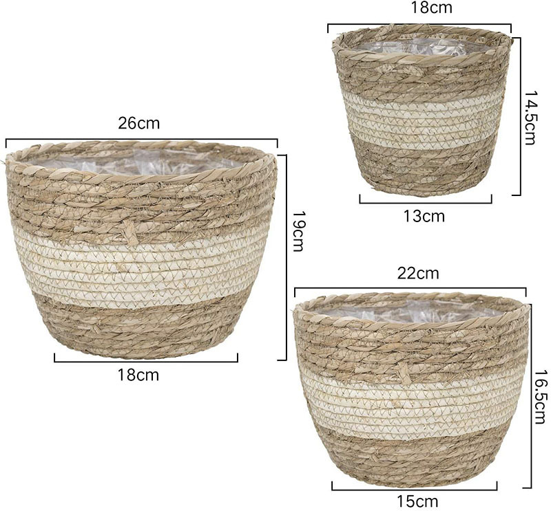 Cestas Decorativas Para Plantas Hechas De Hierba Marina En Un Set De 3 - Macetas Tejidas A Mano Con Inserción De Lámina