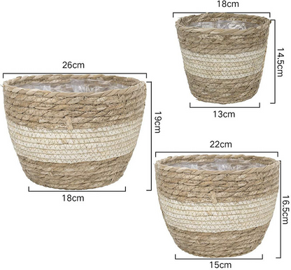 Cestas Decorativas Para Plantas Hechas De Hierba Marina En Un Set De 3 - Macetas Tejidas A Mano Con Inserción De Lámina