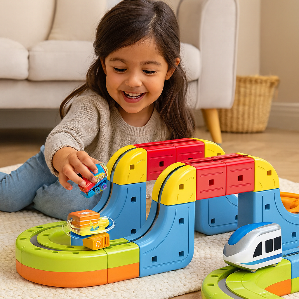 Juguete infantil de pistas con cubos magnéticos