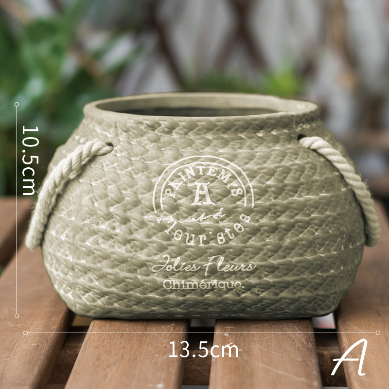 Maceta De Cerámica Para Plantas En Diseño De Bolsa De Cáñamo Con Asas De Cuerda - Maceta Decorativa Para Jardín Y Hogar