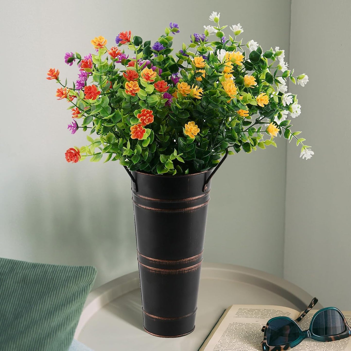 Cubo de Flores de Hierro Retro con Asas - Macetero de Metal Decorativo para el Hogar
