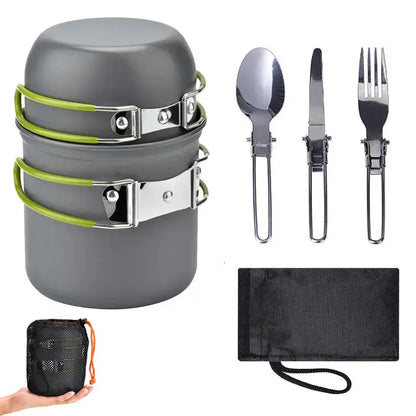 Batería De Cocina Para Camping Con Cubertería De Acero Inoxidable Y Bolsa De Transporte Batería De Cocina Para Camping Con Cubertería De Acero Inoxidable Y Bolsa De Transporte