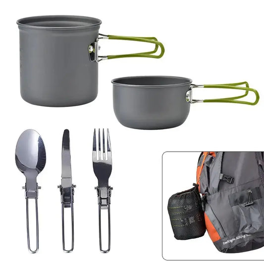 Batería De Cocina Para Camping Con Cubertería De Acero Inoxidable Y Bolsa De Transporte Batería De Cocina Para Camping Con Cubertería De Acero Inoxidable Y Bolsa De Transporte