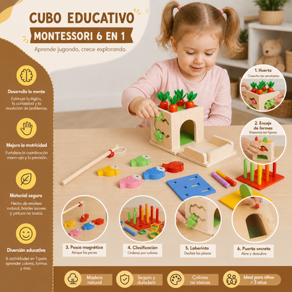 Cubo Educativo Montessori De Madera 6 En 1 Con Formas Y Figuras