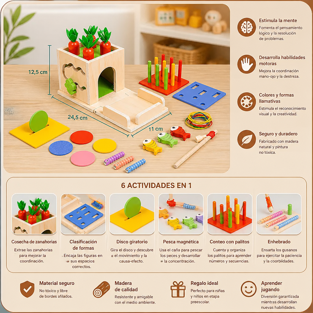 Cubo Educativo Montessori De Madera 6 En 1 Con Formas Y Figuras