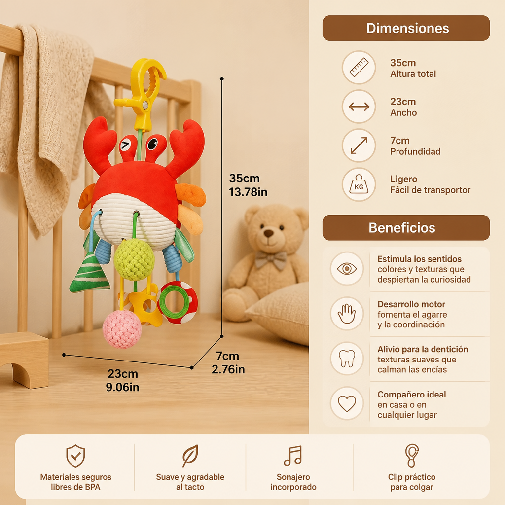 Juguete De Actividades Cangrejo Para Bebés Con Cuerda Para Tirar, Sonajero Y Mordedor