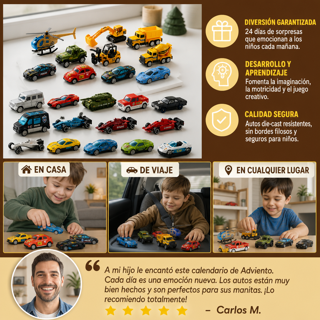 Calendario de Adviento Navideño con Autos Die-Cast para Niños