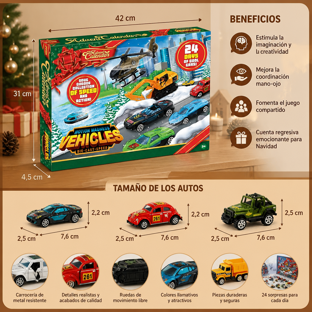 Calendario de Adviento Navideño con Autos Die-Cast para Niños