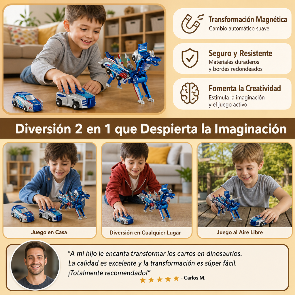 Coche Transformable 2 en 1 Magnético y Juguete Dinosaurio con Acción Anticolisión Automática