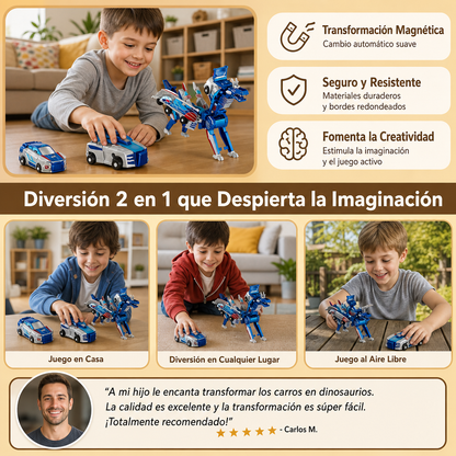 Coche Transformable 2 en 1 Magnético y Juguete Dinosaurio con Acción Anticolisión Automática