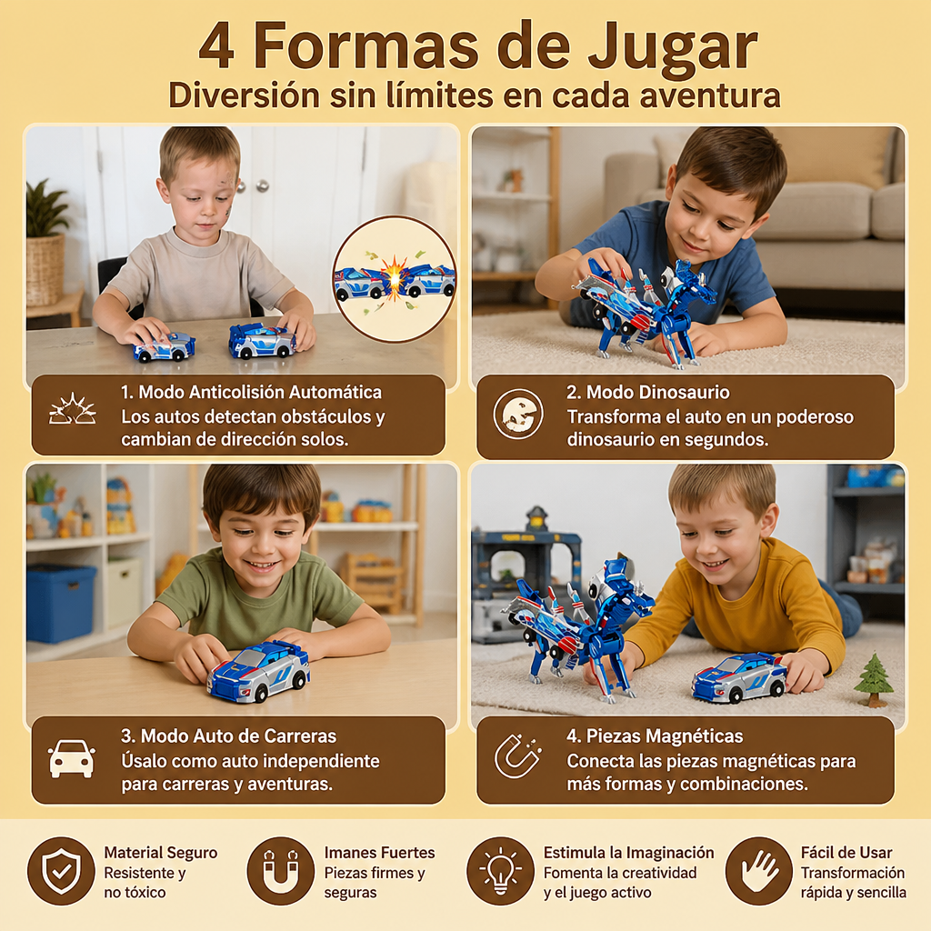 Coche Transformable 2 en 1 Magnético y Juguete Dinosaurio con Acción Anticolisión Automática