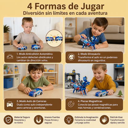 Coche Transformable 2 en 1 Magnético y Juguete Dinosaurio con Acción Anticolisión Automática