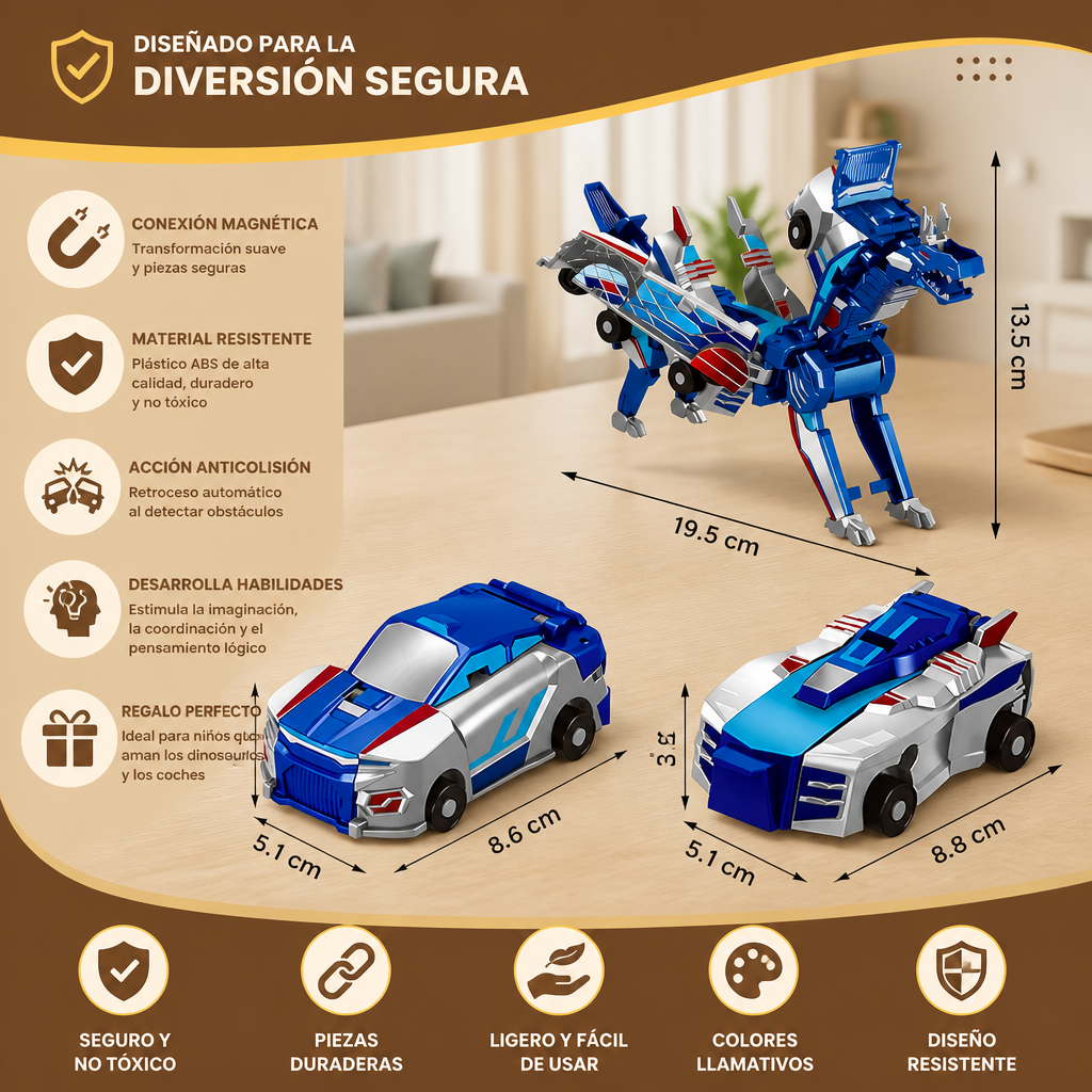 Coche Transformable 2 en 1 Magnético y Juguete Dinosaurio con Acción Anticolisión Automática