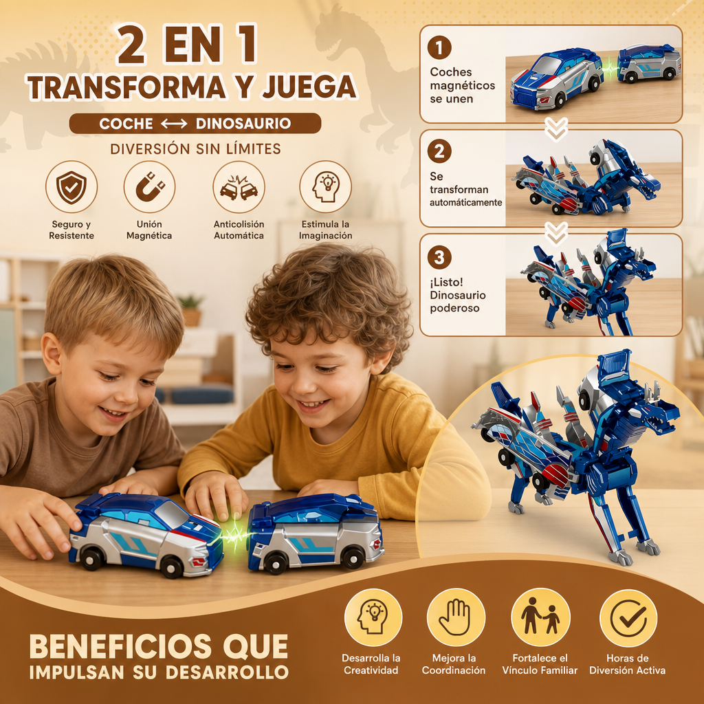 Coche Transformable 2 en 1 Magnético y Juguete Dinosaurio con Acción Anticolisión Automática