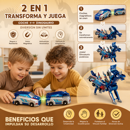Coche Transformable 2 en 1 Magnético y Juguete Dinosaurio con Acción Anticolisión Automática