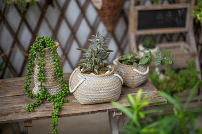 Maceta De Cerámica Para Plantas En Diseño De Bolsa De Cáñamo Con Asas De Cuerda - Maceta Decorativa Para Jardín Y Hogar