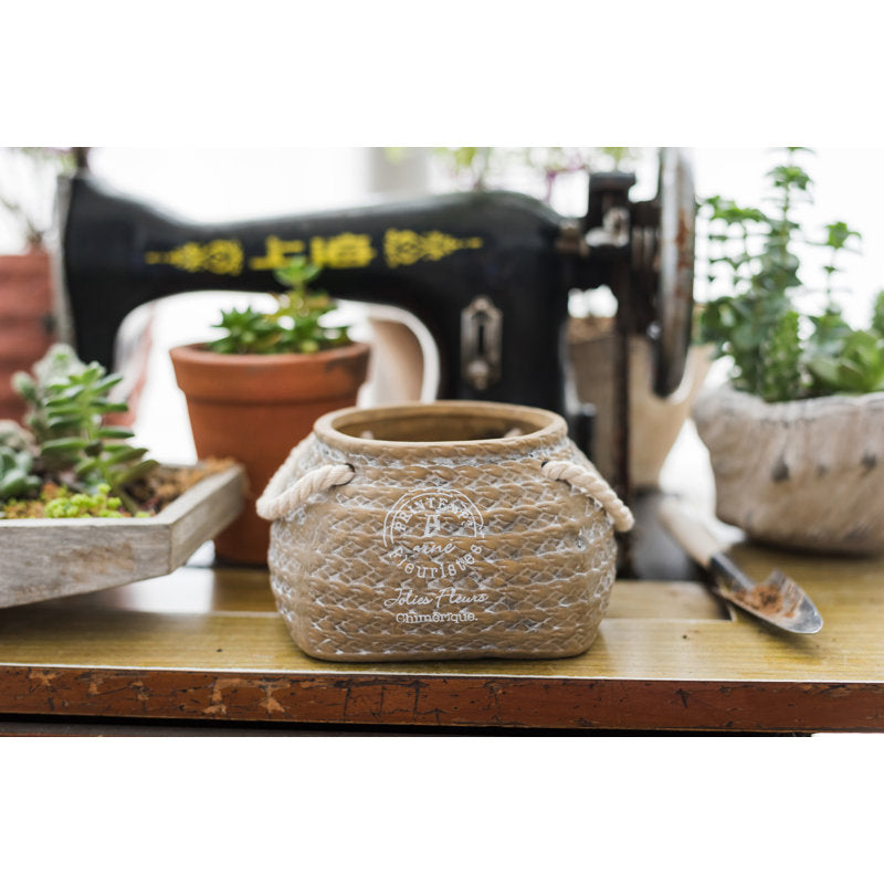 Maceta De Cerámica Para Plantas En Diseño De Bolsa De Cáñamo Con Asas De Cuerda - Maceta Decorativa Para Jardín Y Hogar