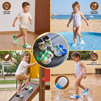 Zuecos de dinosaurio LED para niños – Zapatos de verano y playa luminosos y antideslizantes para el jardín y la playa