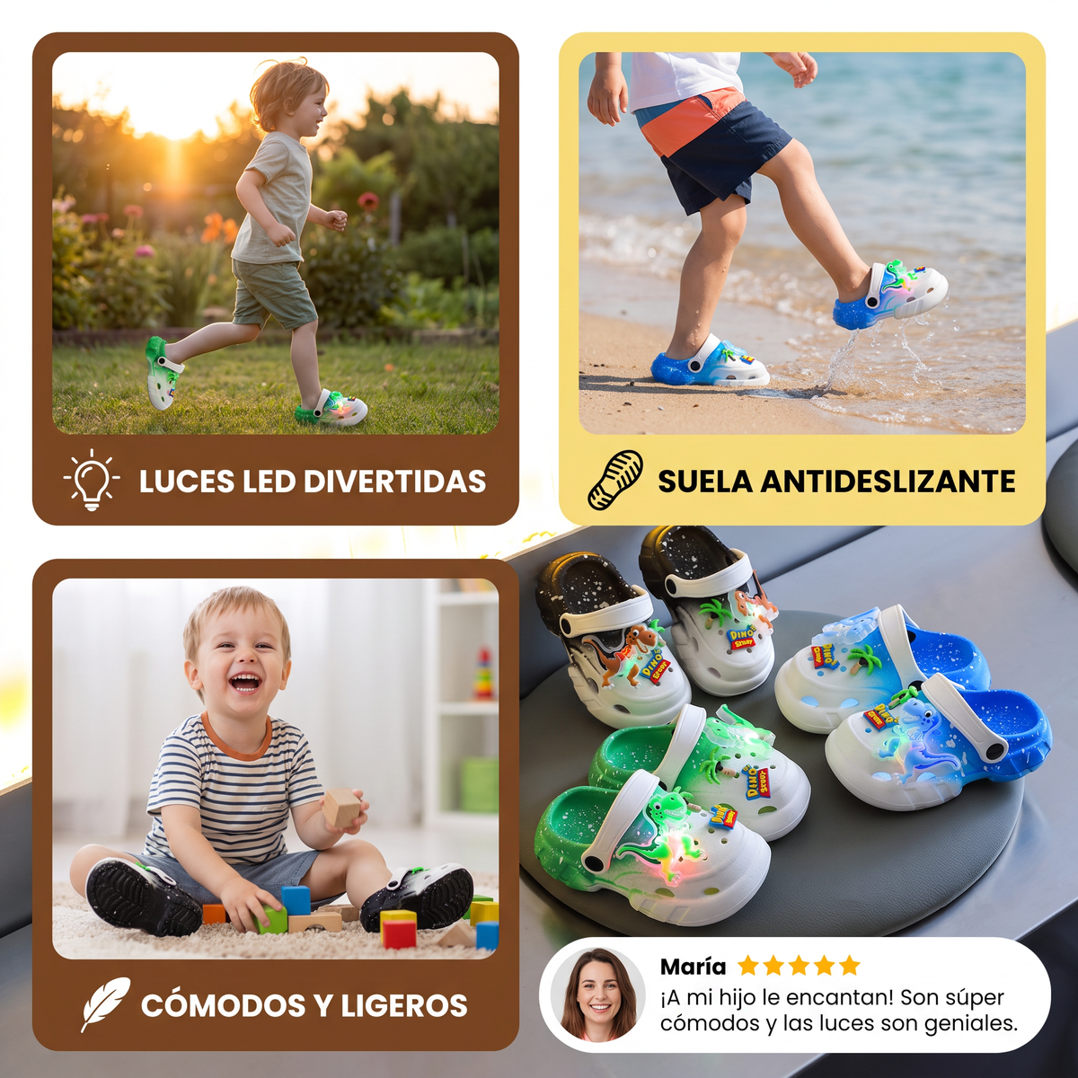 Zuecos de dinosaurio LED para niños – Zapatos de verano y playa luminosos y antideslizantes para el jardín y la playa
