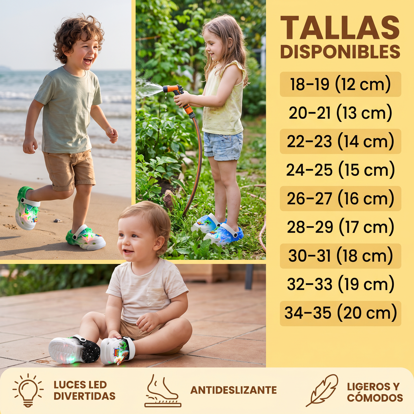 Zuecos de dinosaurio LED para niños – Zapatos de verano y playa luminosos y antideslizantes para el jardín y la playa