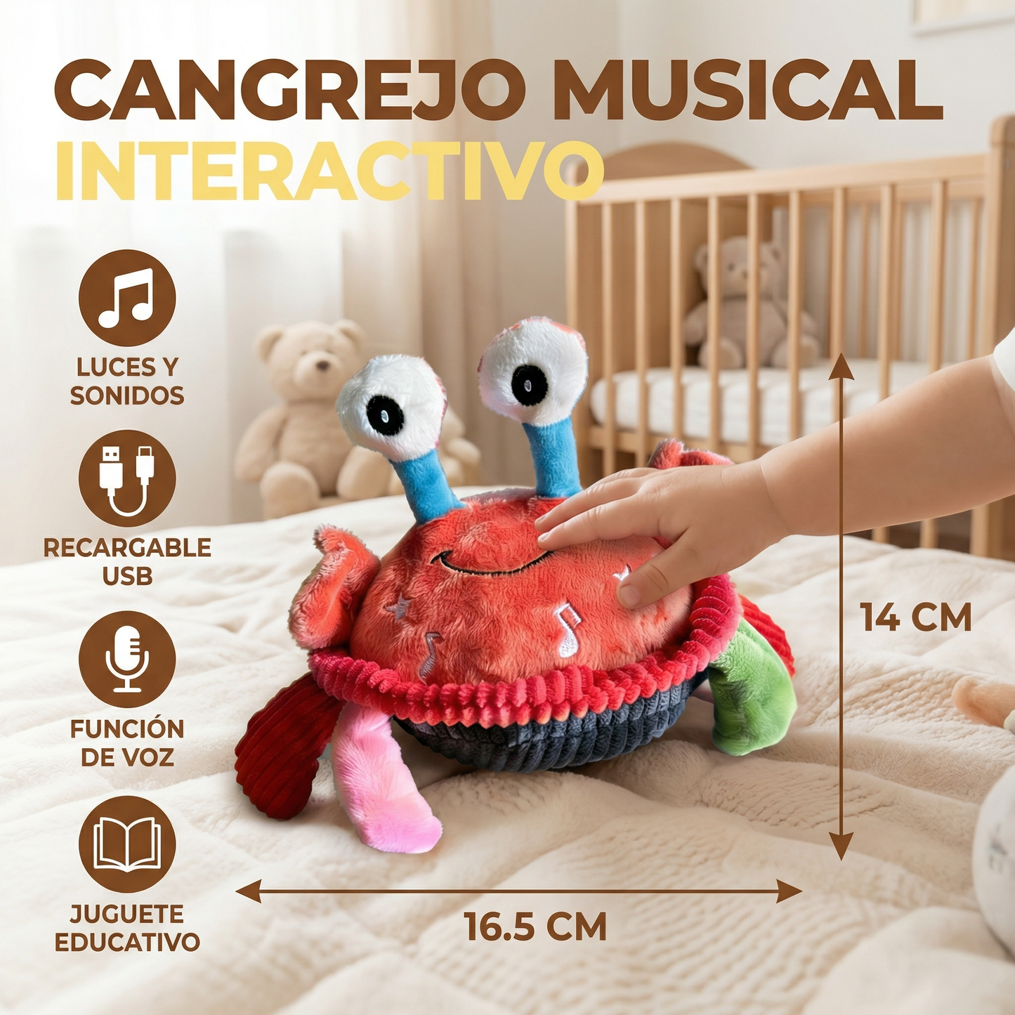 Cangrejo musical interactivo con función de voz – juguete educativo en movimiento para bebés