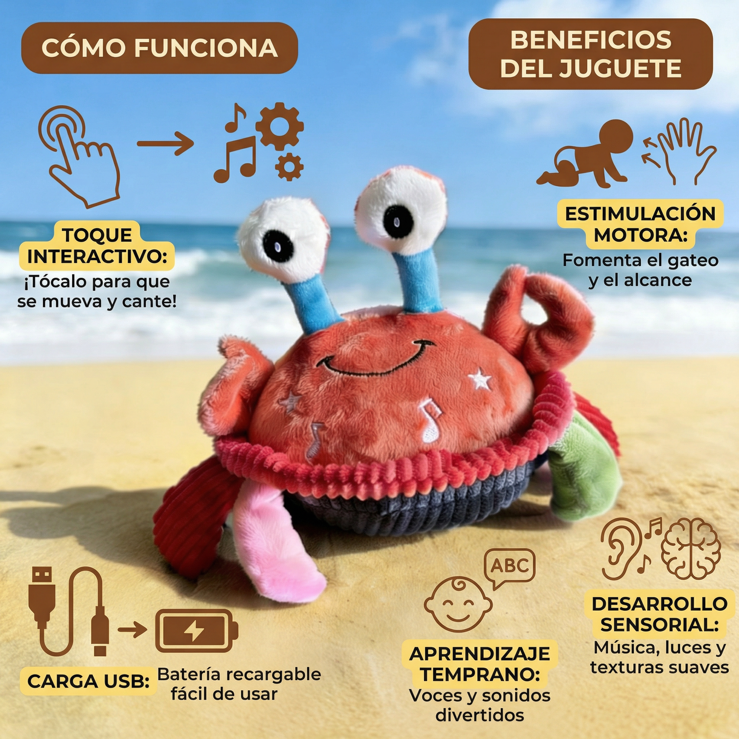 Cangrejo musical interactivo con función de voz – juguete educativo en movimiento para bebés