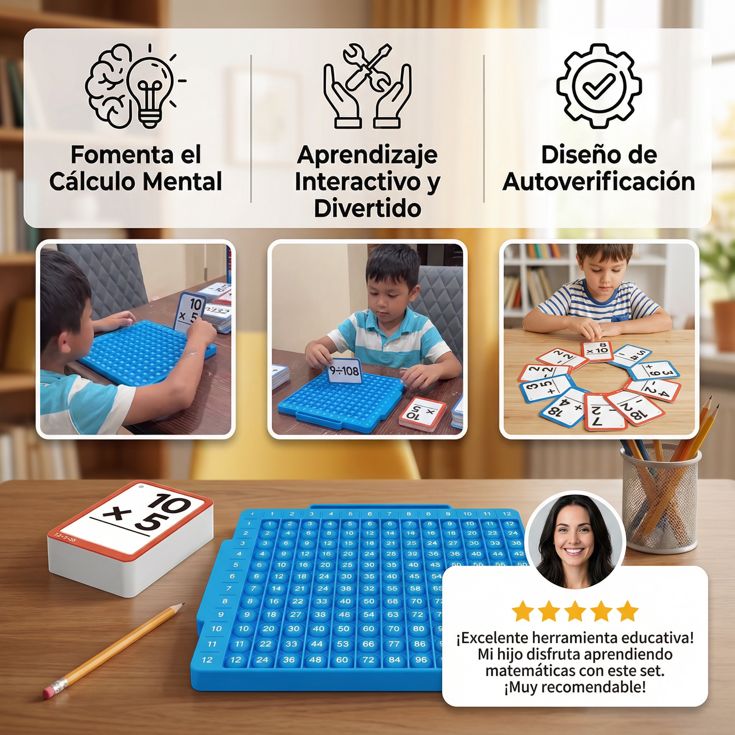 Set de tarjetas educativas de matemáticas con tablero de cálculo – suma, resta, multiplicación y división