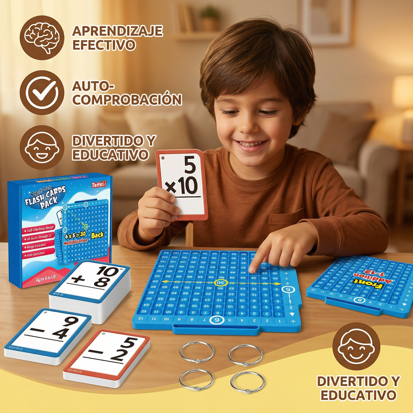 Set de tarjetas educativas de matemáticas con tablero de cálculo – suma, resta, multiplicación y división