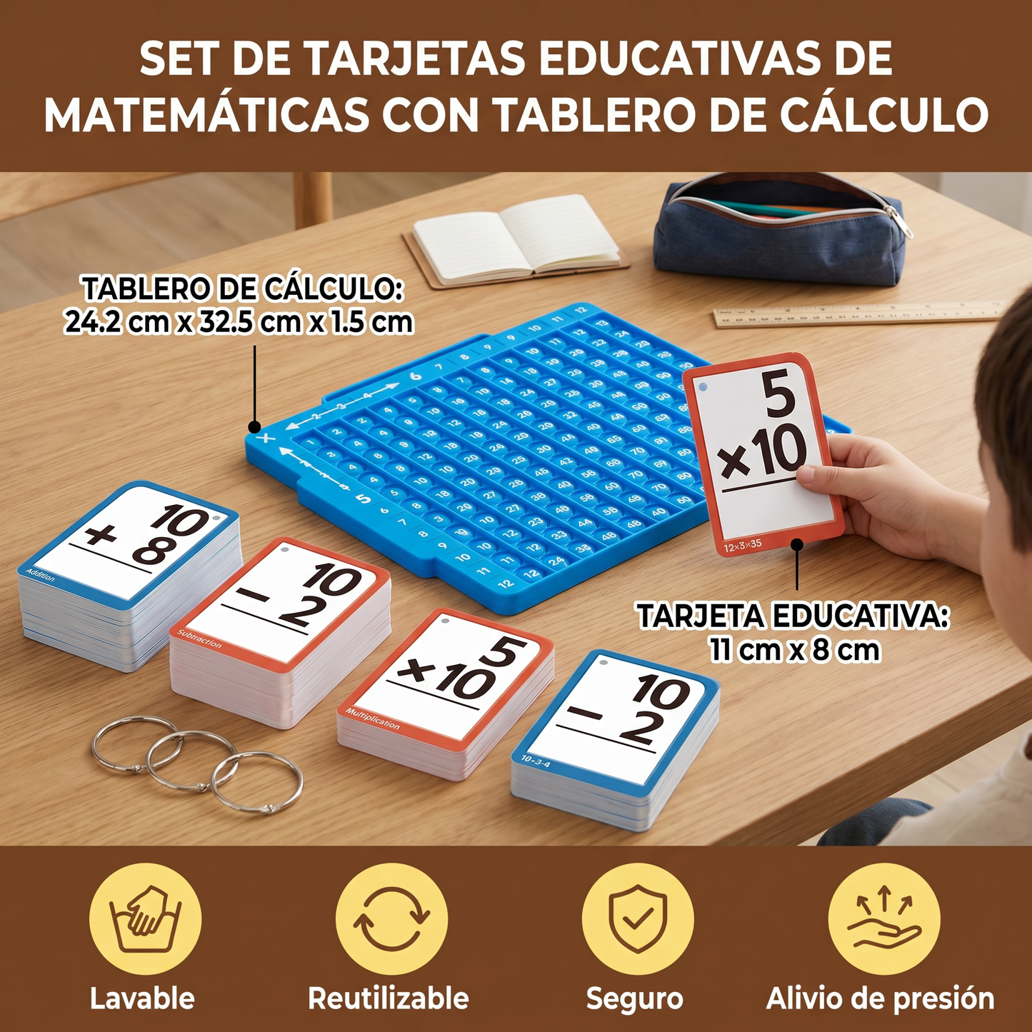 Set de tarjetas educativas de matemáticas con tablero de cálculo – suma, resta, multiplicación y división