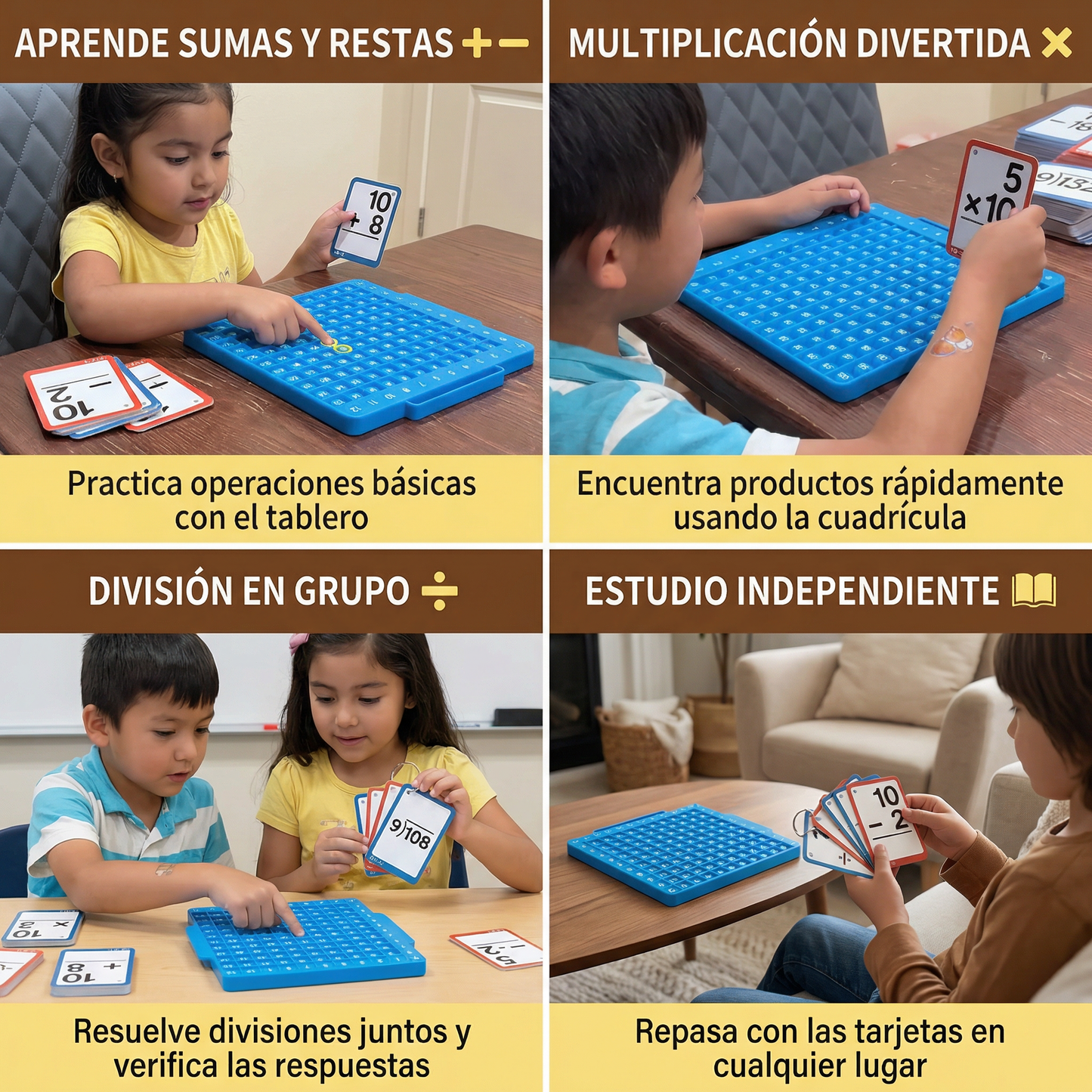Set de tarjetas educativas de matemáticas con tablero de cálculo – suma, resta, multiplicación y división