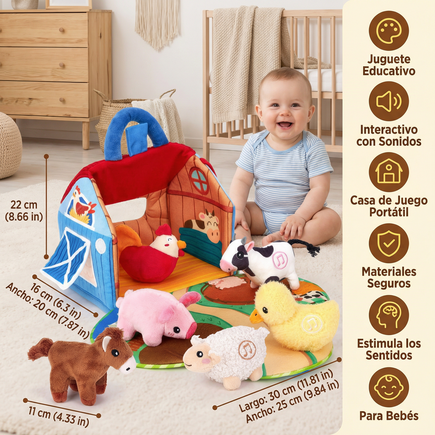 Set de peluches de granja – juguete educativo interactivo con casa de juego portátil