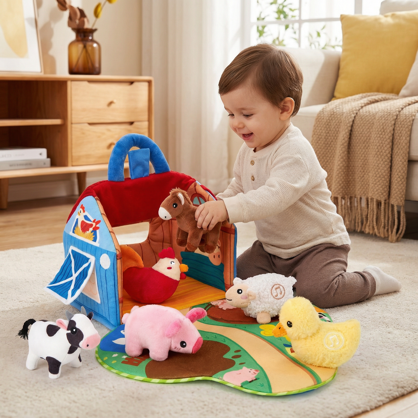 Set de peluches de granja – juguete educativo interactivo con casa de juego portátil