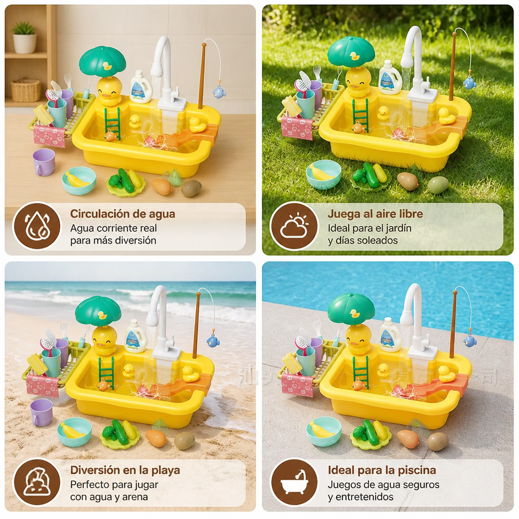 Cocina de juguete para niños con función de agua – Set de fregadero con circulación de agua eléctrica y juego de pesca