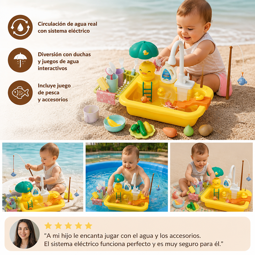 Cocina de juguete para niños con función de agua – Set de fregadero con circulación de agua eléctrica y juego de pesca