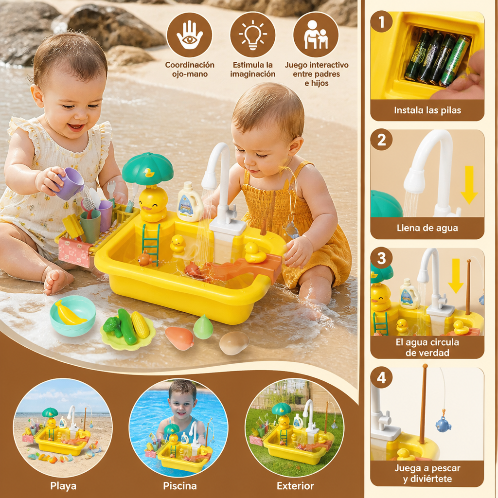 Cocina de juguete para niños con función de agua – Set de fregadero con circulación de agua eléctrica y juego de pesca