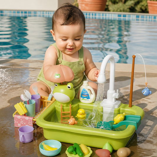 Cocina de juguete para niños con función de agua – Set de fregadero con circulación de agua eléctrica y juego de pesca