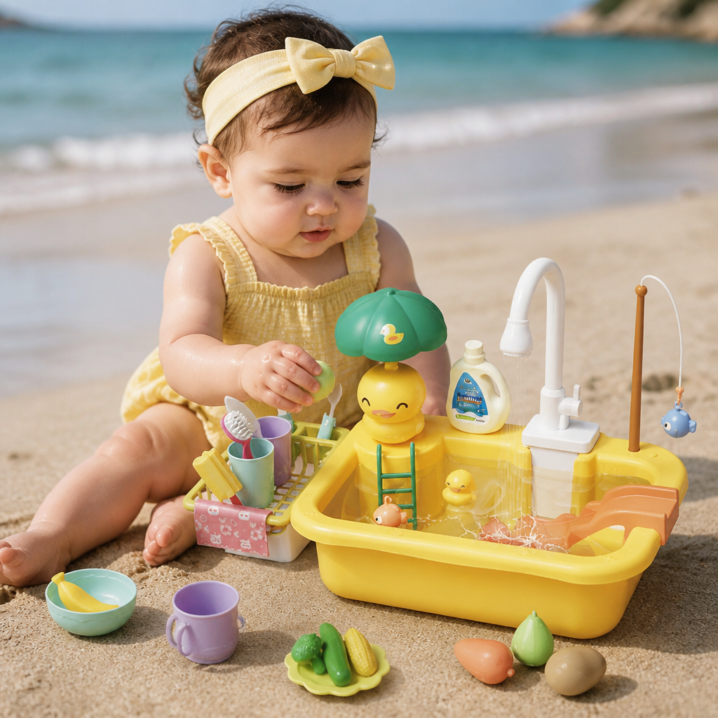 Cocina de juguete para niños con función de agua – Set de fregadero con circulación de agua eléctrica y juego de pesca