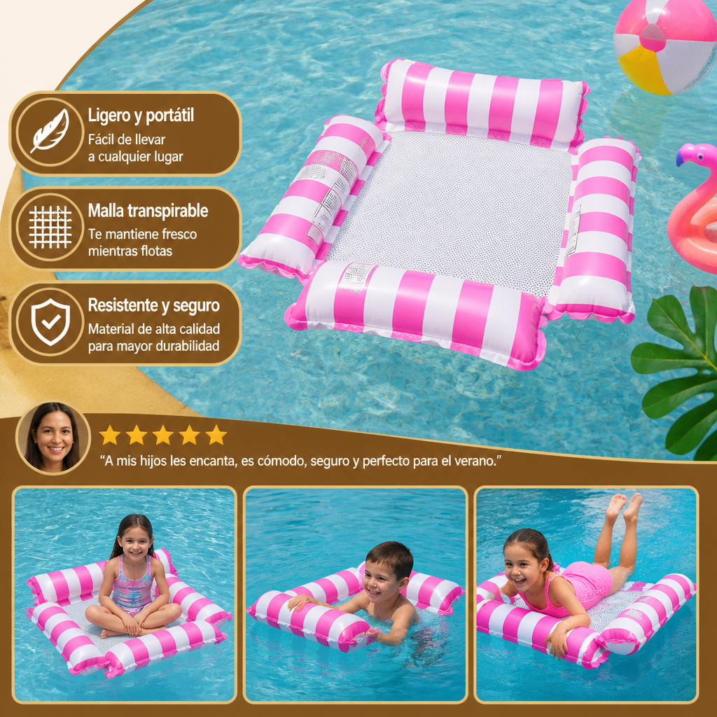Asiento Inflable de Piscina para Niños – Hamaca Acuática con Superficie de Malla