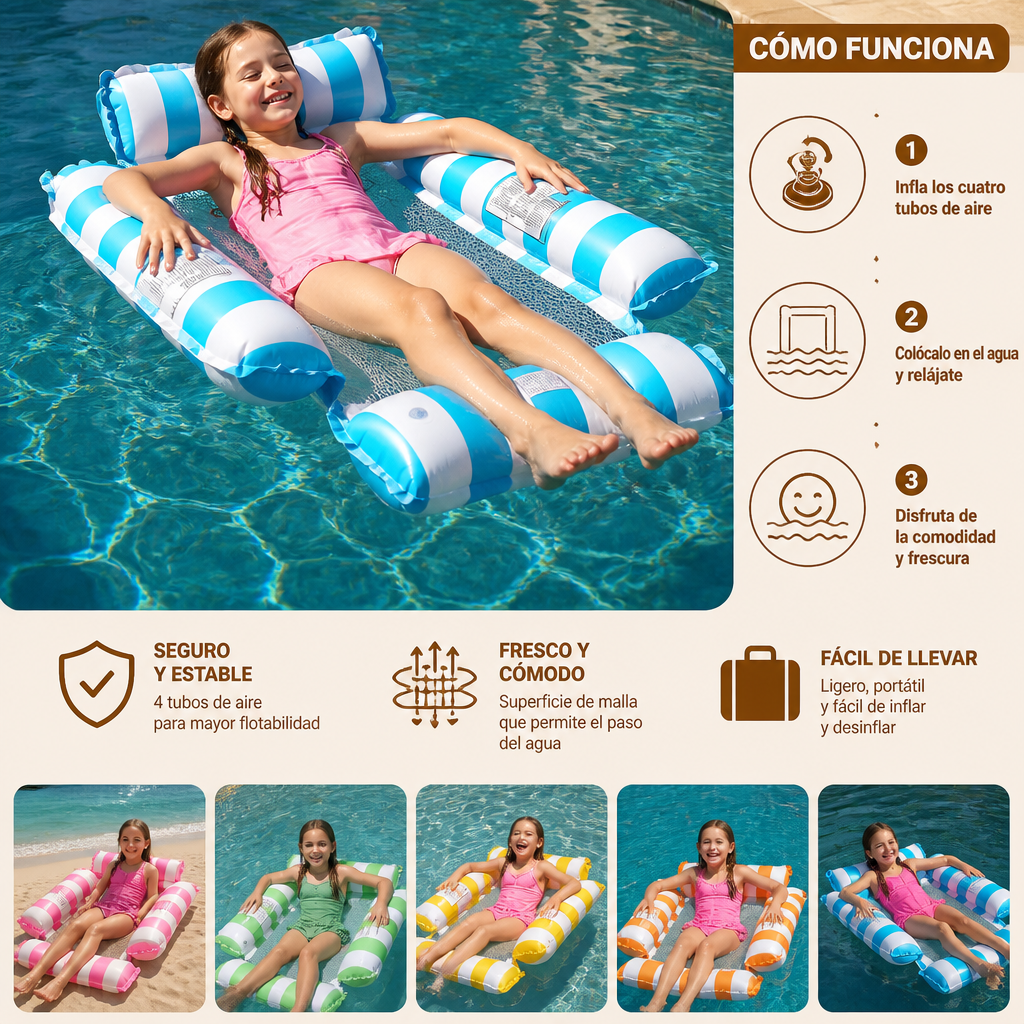 Asiento Inflable de Piscina para Niños – Hamaca Acuática con Superficie de Malla
