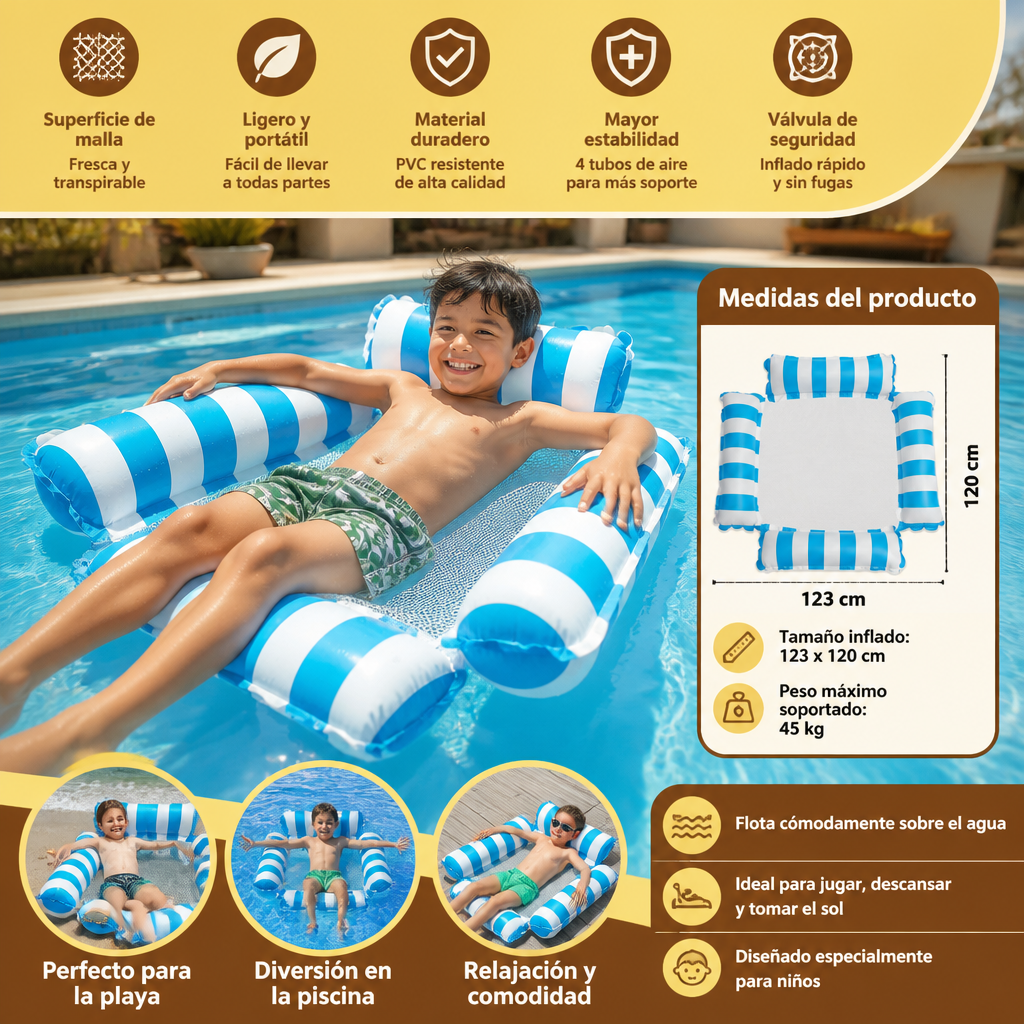 Asiento Inflable de Piscina para Niños – Hamaca Acuática con Superficie de Malla